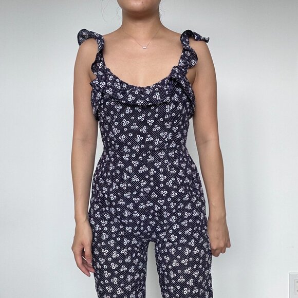 Jumpsuit One piece Summer Navy blue outfit with flower patterns and ruffles - Picture 7 of 12